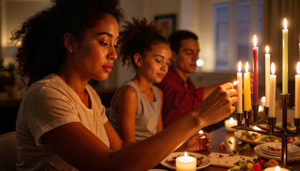 Woman concentrating while lighting Kwanzaa candle at home, family gathering