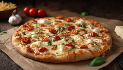 Delicious cheese pizza with cherry tomatoes and basil Served on brown paper on wooden surface