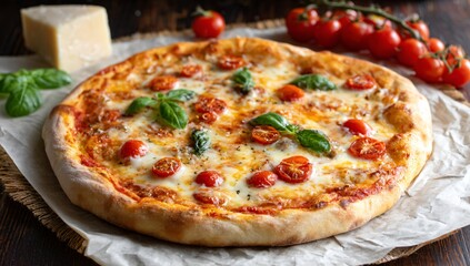 Delicious Margherita Pizza with Cherry Tomatoes and Basil Close up view of a freshly baked pizza
