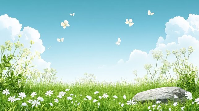 Green grassy meadow with rocks and rows of plants vec