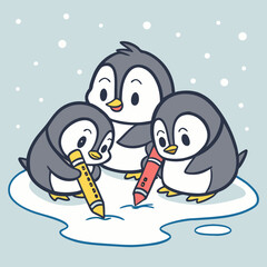 Three adorable cartoon penguins gathered together on an icy surface drawing with colorful crayons in a whimsical winter scene with falling snow
