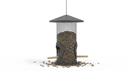 Hanging metal mesh bird feeder full of seeds isolated on a white background.