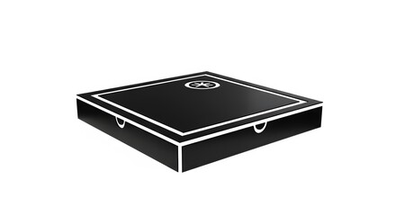 Minimalist Black Box with White Trim and Circular Emblem.