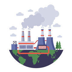 A vibrant 2D flat vector illustration depicts a modern geothermal power plant facility with steam plumes rising from the earth's surface, surrounded by simplified landscape on a white background.