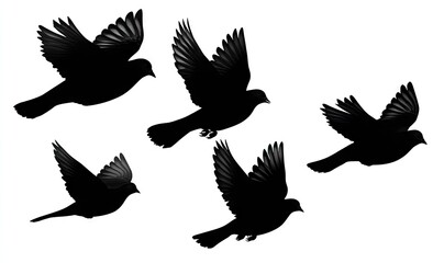 Obraz premium Five black silhouette birds in flight against a white background