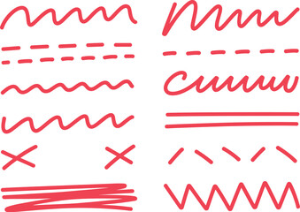 Collection of red hand drawn wavy dashed and zigzag lines on