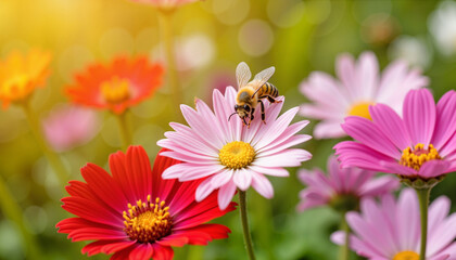 Obraz premium Bee pollinating vibrant flowers in spring garden, nature's harmony