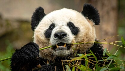 Fototapeta premium Close-up of a panda bear happily consuming bamboo.