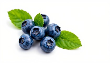 Fototapeta premium Fresh blueberries resting on leaves, creating a visually appealing contrast with their vibrant color against the natural green background.