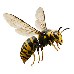 Detailed studio shot of a vibrant yellow and black wasp in flight against a white background
