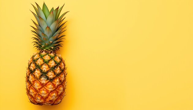 A vibrant yellow background features a pineapple leaning against a contrasting backdrop, presenting a tropical theme.
