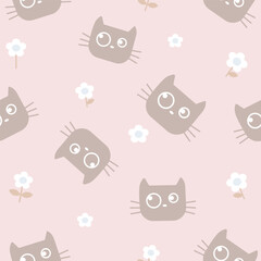 cat heads  with  big eyes and white flowers seamless pattern , vector , illustration