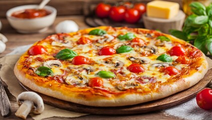 Delicious Pizza with Mushrooms Cherry Tomatoes and Basil A cheesy pizza on a wooden board with fresh ingredients