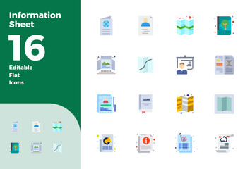 16 Flat PIXEL Perfect Vector Icons for Information Sheet Graphics