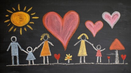 Colorful chalk drawing of a joyful family with hearts, sun, flowers, and children playing together on a blackboard background
