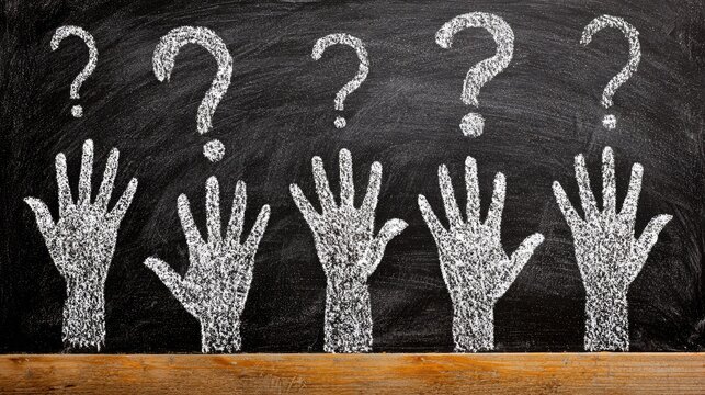 Hands Raised Against a Blackboard Background with Question Marks Representing Inquiry and Curiosity in Education