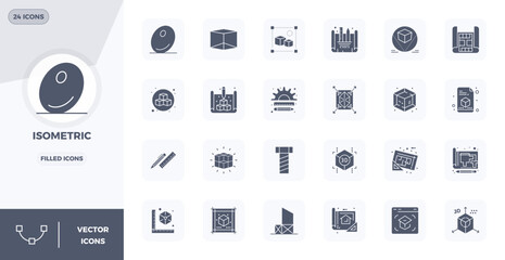 24 PIXEL Perfect Vector Icons themed around Isometric in 128x128 Glyph Filled format