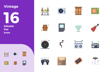 Vintage including 16 128x128 Flat Vector Illustrations