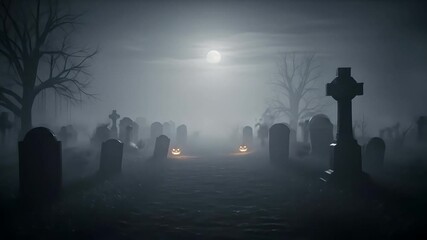Foggy cemetery at night with carved pumpkins glowing, horror scene. Halloween spooky graveyard tombstone background for Halloween promo or spooky mystery opener. - Powered by Adobe