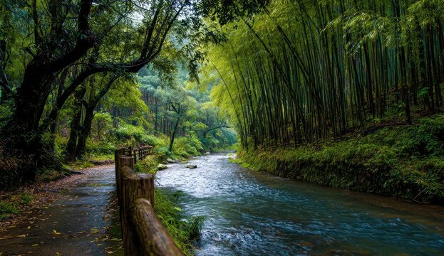 Lush green bamboo forest path by a flowing stream