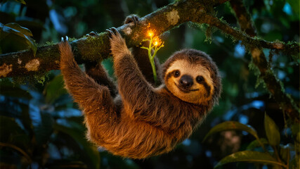 Fototapeta premium A sloth hanging from a tree branch in a forest, illuminated by a soft light source.
