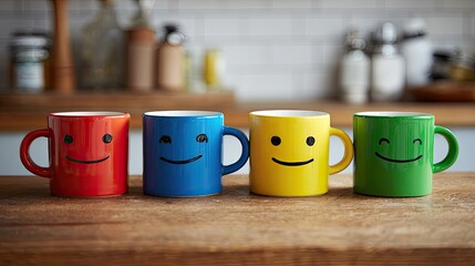 Colorful mugs with smiley faces on a wooden kitchen table for a cheerful morning coffee experience