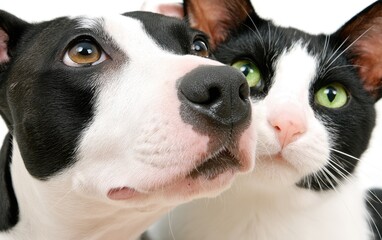 Close-up of dog and cat faces, looking upward
