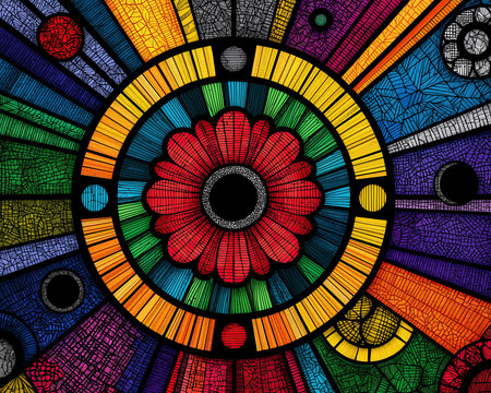 Colorful stained glass mosaic with radial geometric pattern and central red floral motif evoking vibrant energy