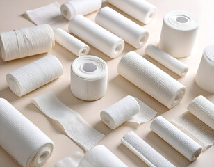 Assortment of white medical elastic bandages, rolls, and strips for first aid, injury care, and healthcare on a neutral background.