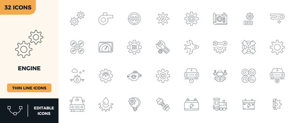 32 128x128 Thin Outline Vector Icons for Engine with PIXEL Perfect precision