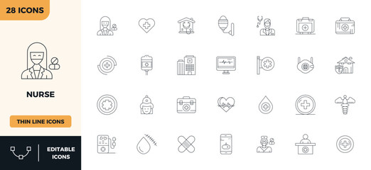 28 PIXEL Perfect Thin Outline Vector Icons from Nurse Collection