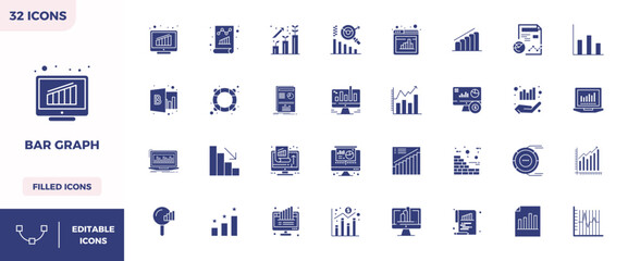 Bar Graph 128x128 Vector Icon Pack with 32 Glyph Filled PIXEL Perfect Elements