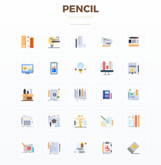 Pencil Complete Vector Package with 25 128x128 Flat PIXEL Perfect Icons