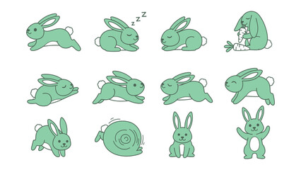 Playful Rabbits in Action: A delightful collection of cute, cartoonish bunnies, captured in various poses that highlight their playful nature. Perfect for adding a touch of joy.