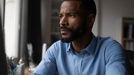 formal. Focused male professional at a minimalist desk, bathed in soft left-side window light. pitch deck slides, case study pages, designed for corporate presentation decks and stakeholder reports.