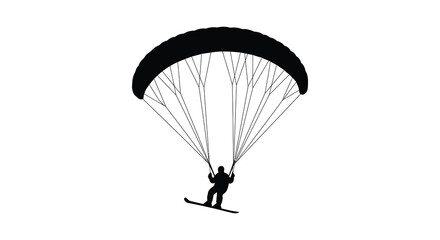 Silhouette of a person paragliding with a parachute against a white background