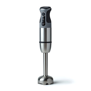 Modern stainless steel immersion blender with black grip and control buttons for blending food and making smoothies isolated on white background