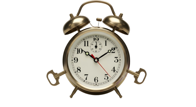 Antique brass alarm clock with time running out isolated PNG with Transparent Background