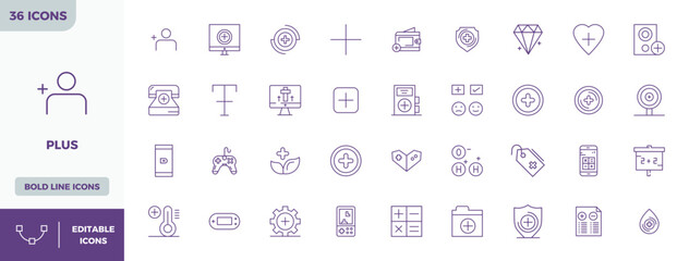 36 128x128 Bold Line Vector Icons for Plus with PIXEL Perfect precision