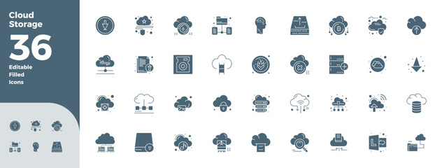 Cloud Storage Professional Vector Set with 36 Black Filled PIXEL Perfect 128x128 Icons