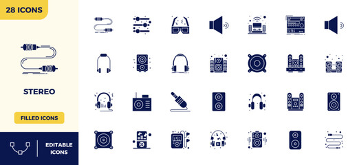 Stereo Complete Vector Package with 28 128x128 Glyph Filled PIXEL Perfect Icons