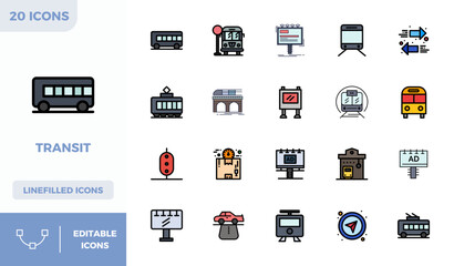 Transit Vector Icon Arsenal with 20 128x128 Lineal Color Filled PIXEL Perfect designs