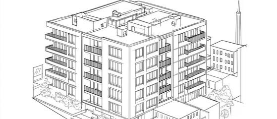 Black and white isometric line sketch of a two-story flat-roof apartment building