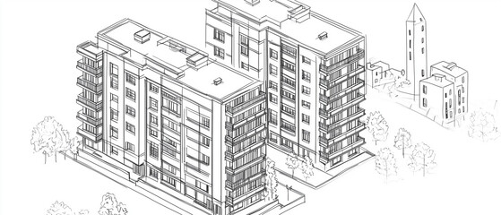 Black and white isometric line sketch of a two-story flat-roof apartment building