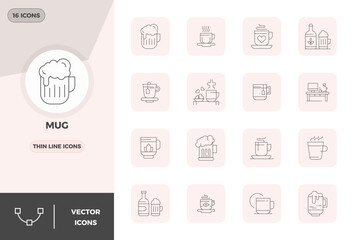 Mug Design Vector Icons featuring 16 PIXEL Perfect Slim Line Style