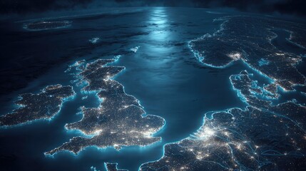 Aerial View of Illuminated United Kingdom and Ireland at Night with Ocean Surrounding the Landmass