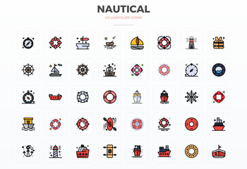 Nautical Vector Icon Collection with 40 128x128 Flat Line Filled Designs