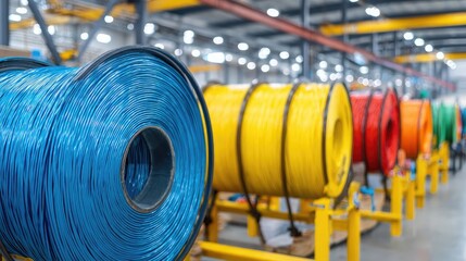Colorful coils of wire in a modern industrial warehouse showcasing vibrant electrical supplies and materials for diverse applications