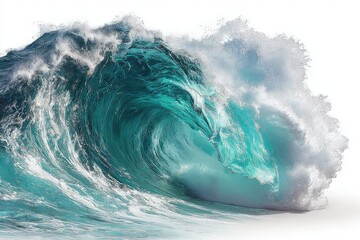 A colossal, turquoise ocean wave curls majestically, its crest frothing white against a stark white background