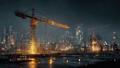 A golden construction crane stands against a futuristic, glowing cityscape at night, suggesting urban development and technological advancement